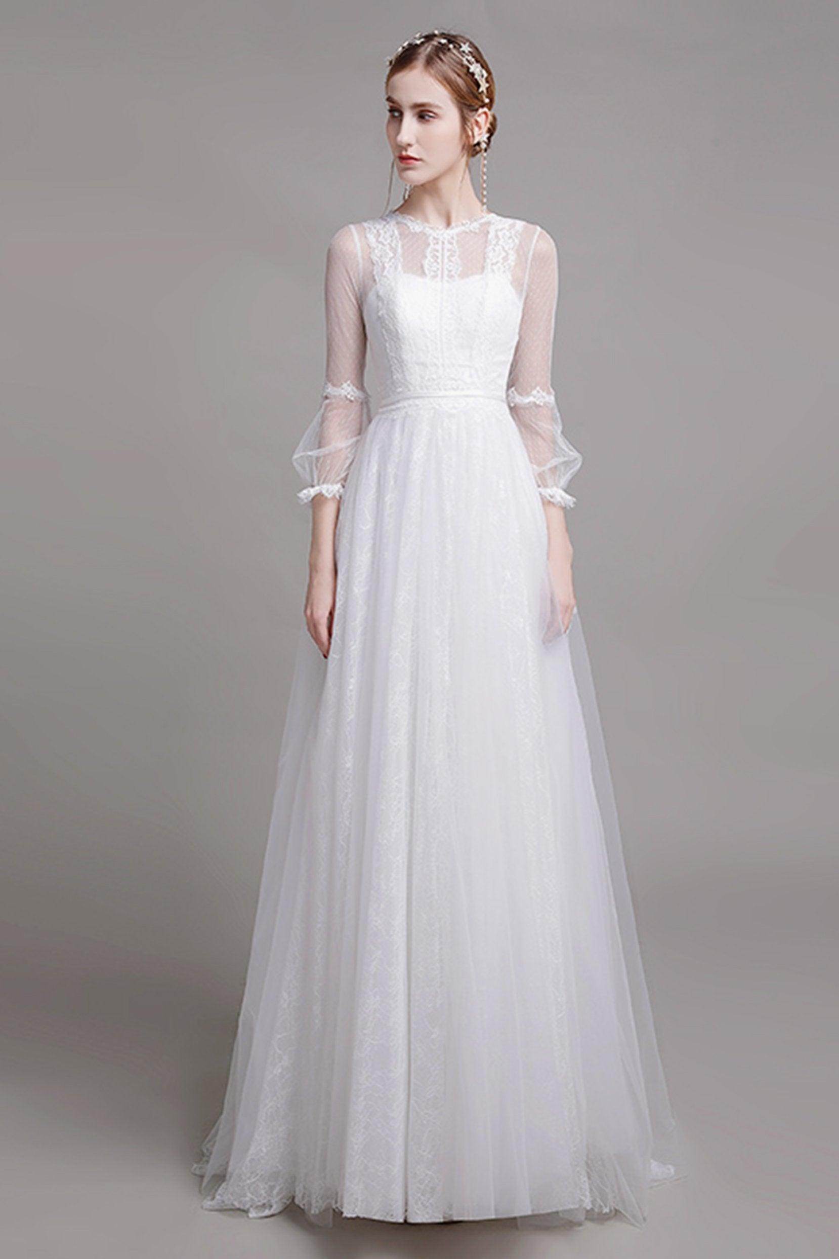 A-Line Floor Length Lace Tulle Wedding Dress CW2751 - COCOMELODY